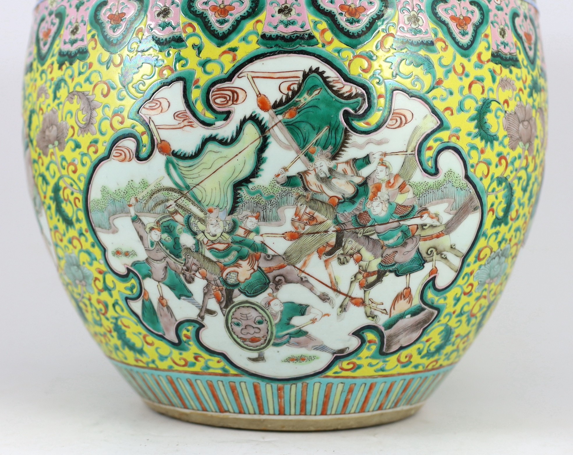 A Chinese enamelled porcelain goldfish bowl, late 19th century, 42cm diameter 35cm high, several short hairline cracks to the body